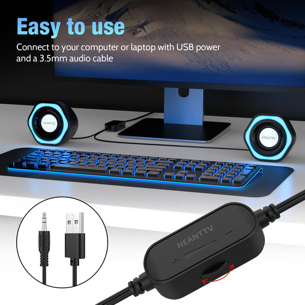 HEANTTV Computer Speaker, PC Speakers for Desktop Monitors, 2.0 Stereo Volume Control with LED Light, USB Powered & 3.5 mm jack, Perfect Multimedia Speakers for Monitors, Computer, Laptop,Smartphones