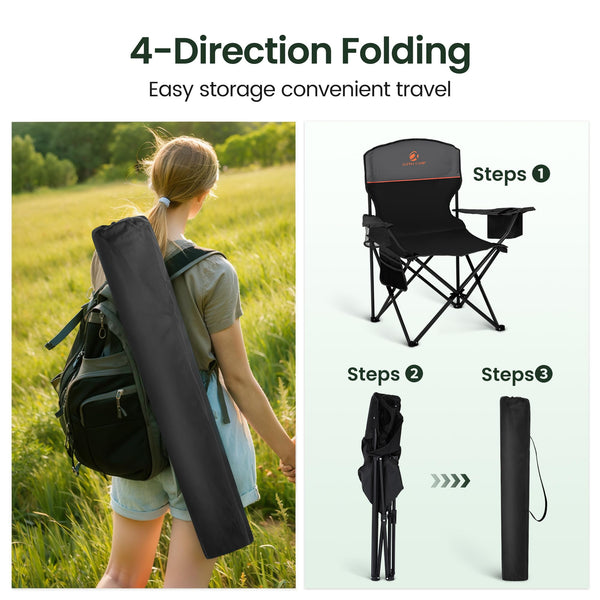 ALPHA CAMP Set of 2 Folding Camping Chairs with Cooler Bag & Cup Holder & Side Pocket Up to 120kg, Lightweight and Portable Camping Chair for Adults, Black