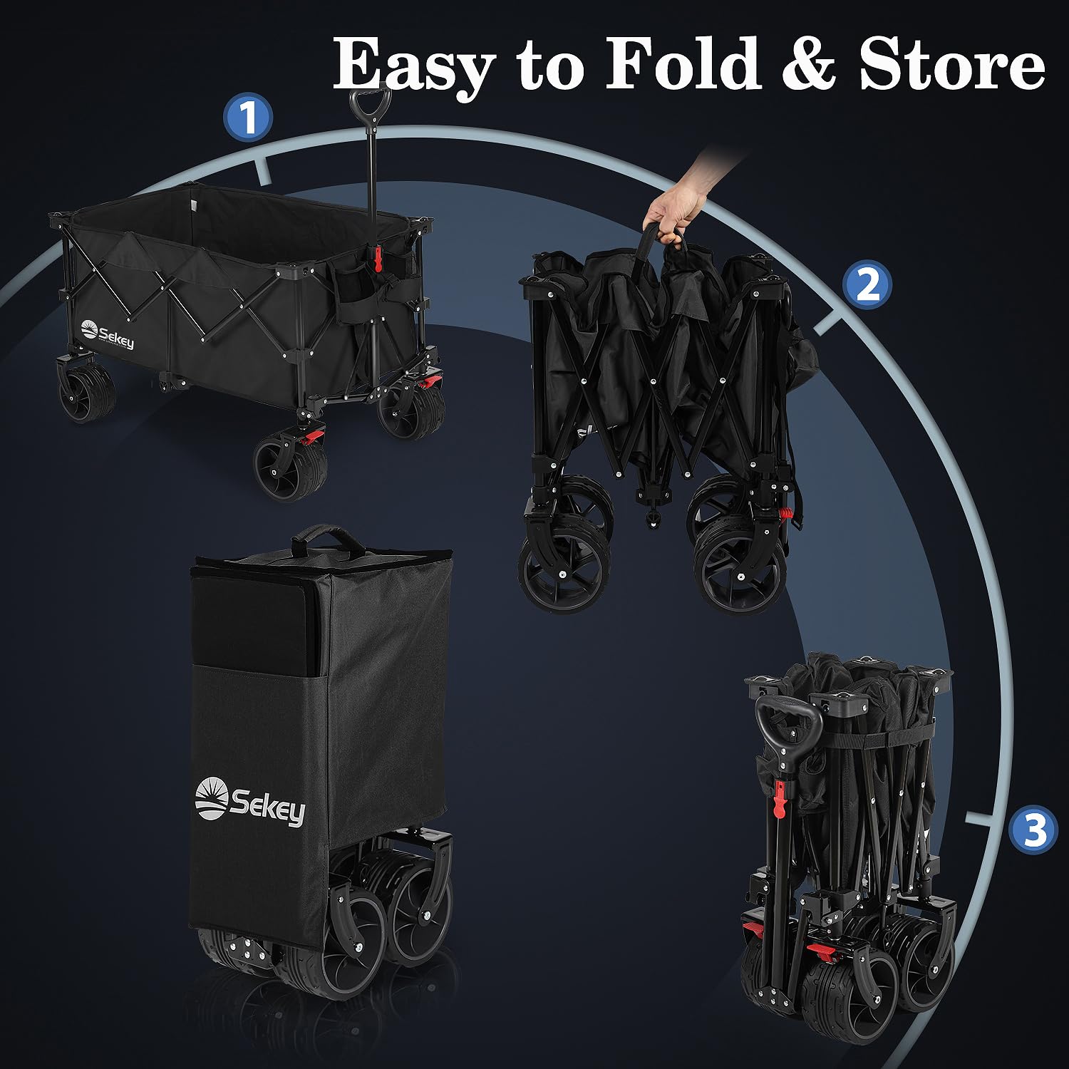 Sekey 200L Folding Festival Trolley with All-Terrain Extra Wide Wheels and Brake, Heavy-Duty Cart Loadable up to 150KG, Patented Four-Directional Foldable Design, Wagon for Beach Camping Outdoor, Grey