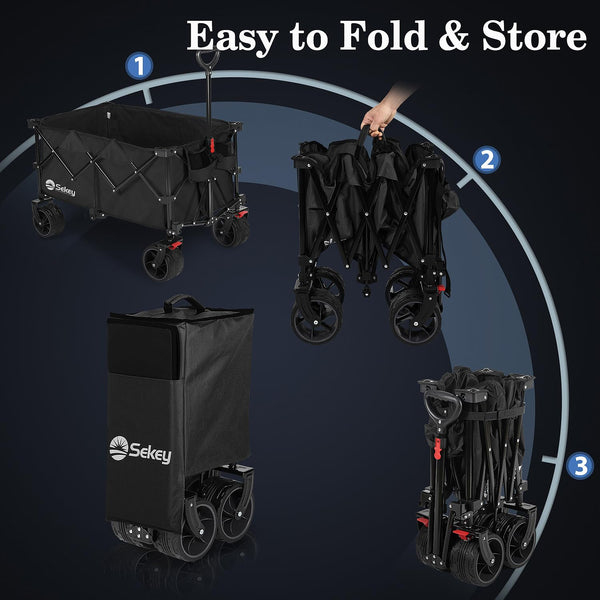 Sekey 200L Folding Festival Trolley with All-Terrain Extra Wide Wheels and Brake, Heavy-Duty Cart Loadable up to 150KG, Patented Four-Directional Foldable Design, Wagon for Beach Camping Outdoor, Grey