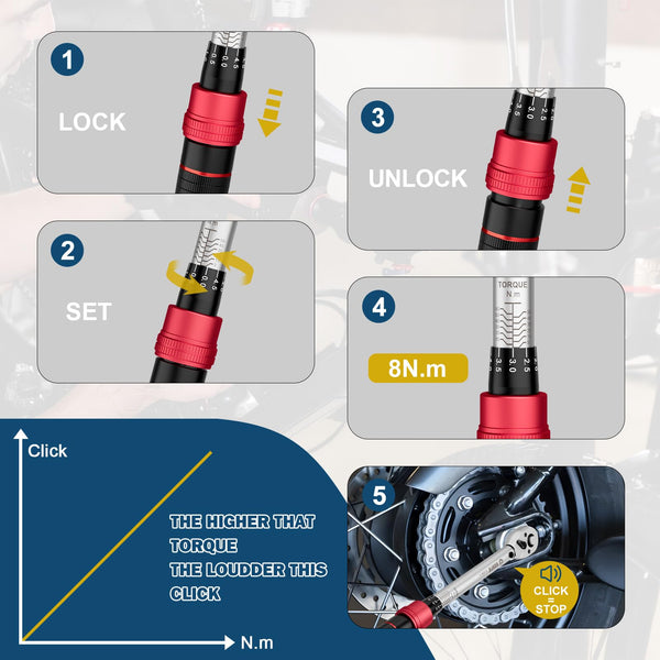 VANPO Torque Wrench 3/8” Drive, 5-60 NM, ±3% Accuracy, 72 Tooth Click Torque Wrench Set with 3/8 to 1/4 Adapter, 125 mm Extension Bar for Bike and Motorcycle, Car Spark