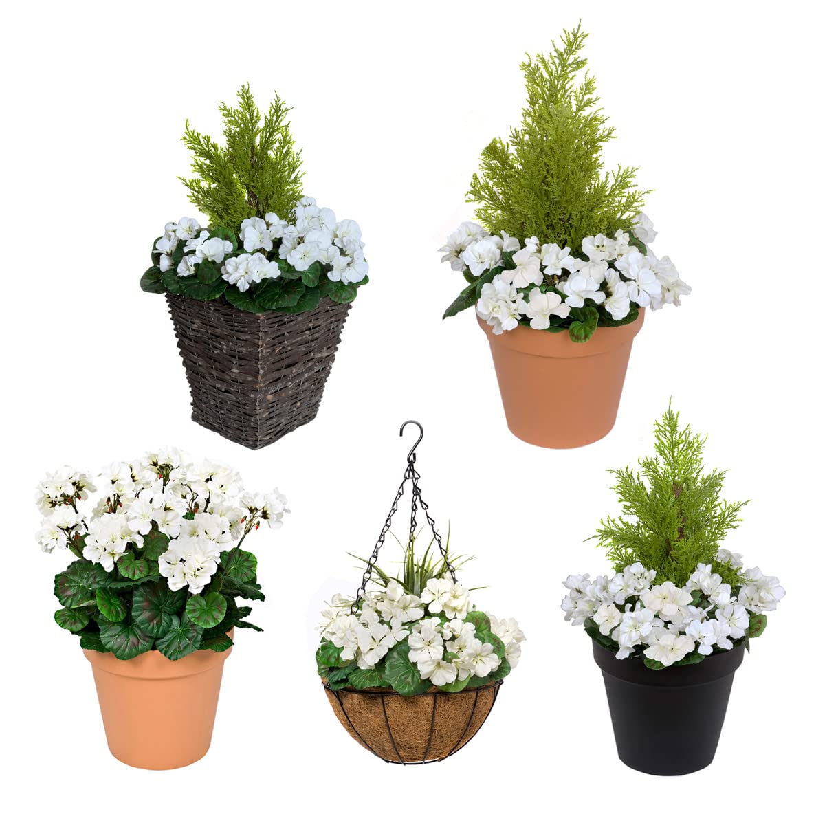 GreenBrokers 2X Artificial Round Coir Hanging Baskets with White Geraniums (Set of 2), 52cms