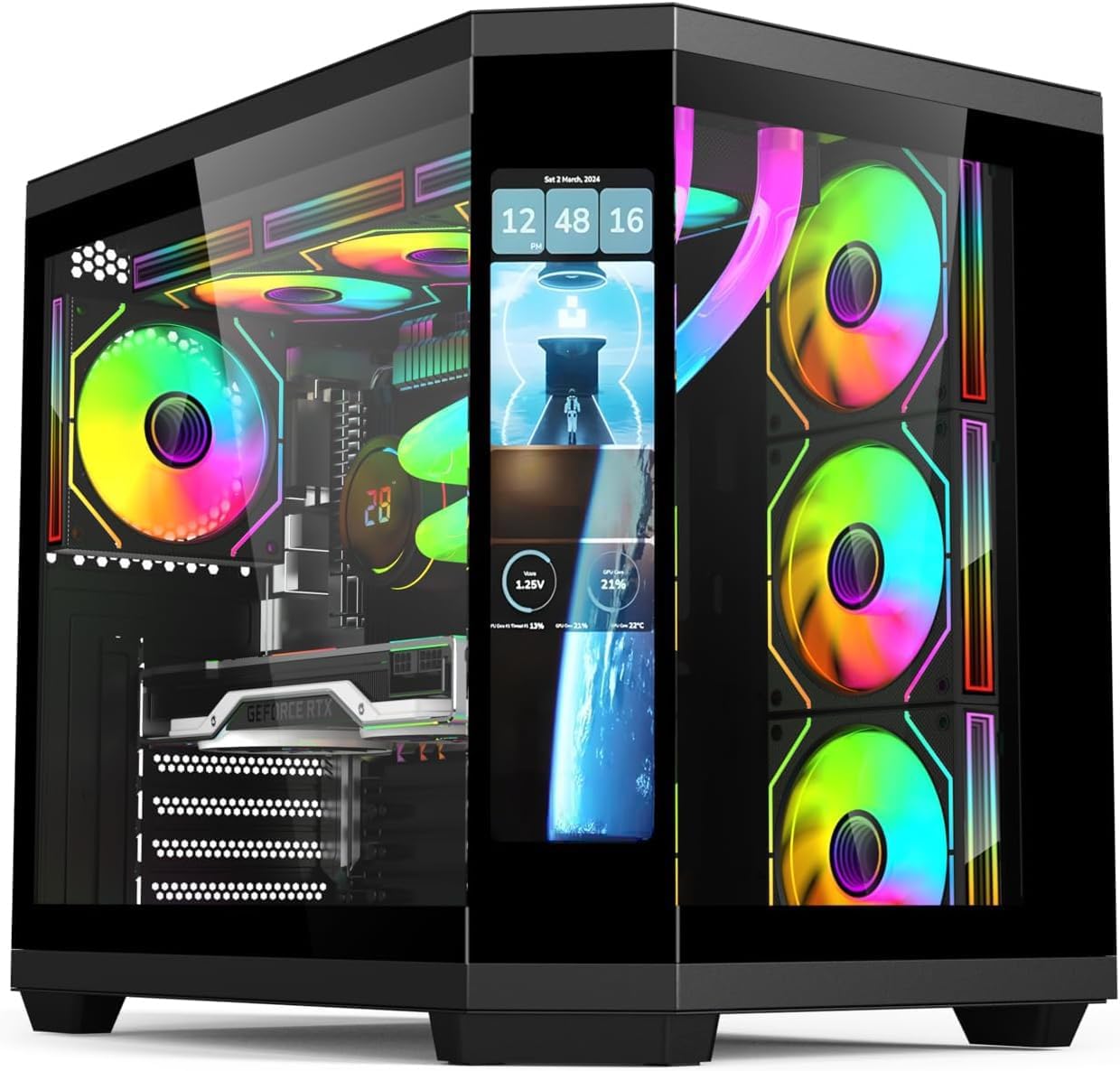 IONZ APEX Vision - PC Gaming Case, M/ATX Mini Tower, Dual Chamber with 6 ARGB PWM Fans - LCD Screen | Supports 240 mm AIO, White