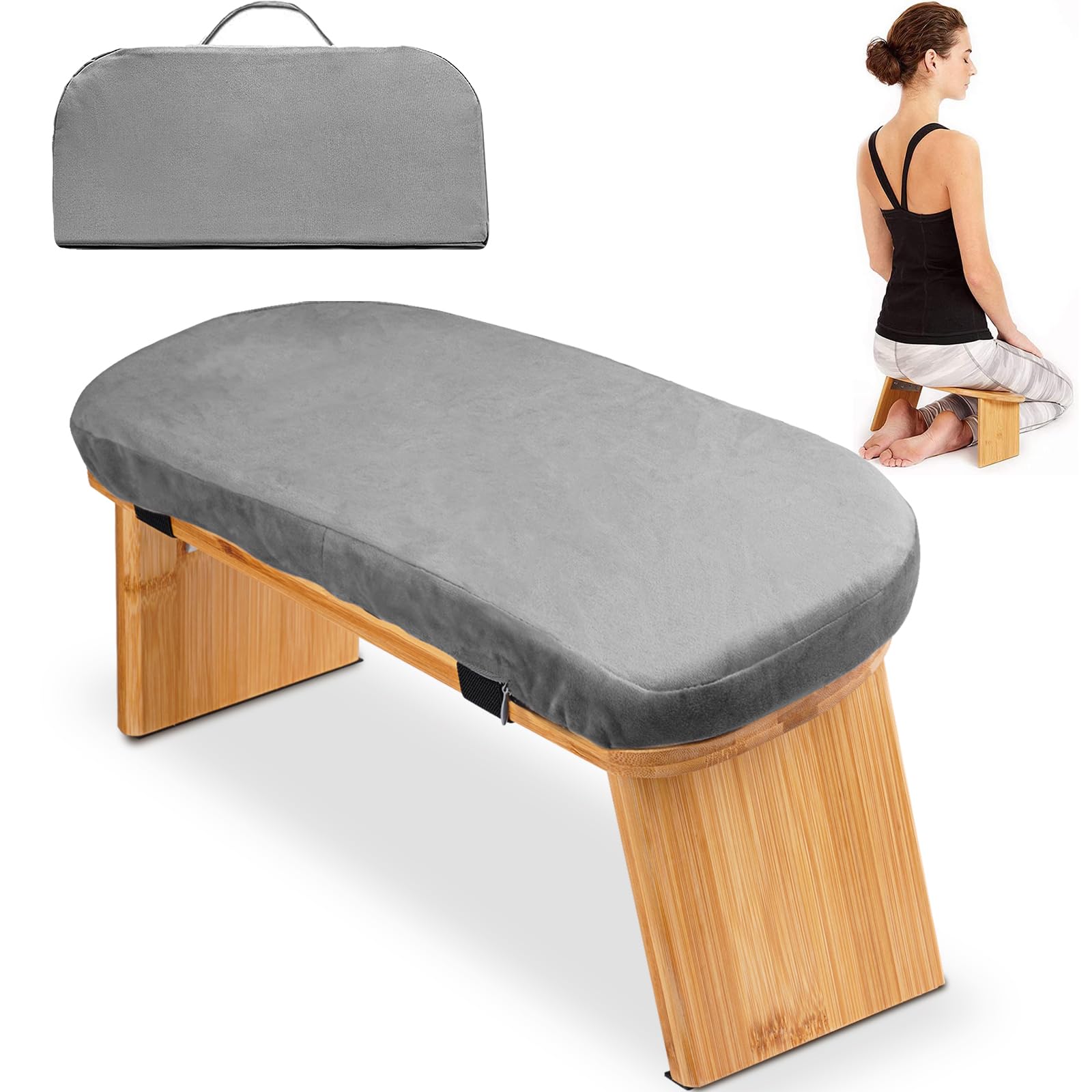 Hihealer Meditation Bench Foldable Bamboo Ergonomic Meditation Stool with Comfortable Cushion, Kneeling or Sitting Perfect for Meditation & Prayer,