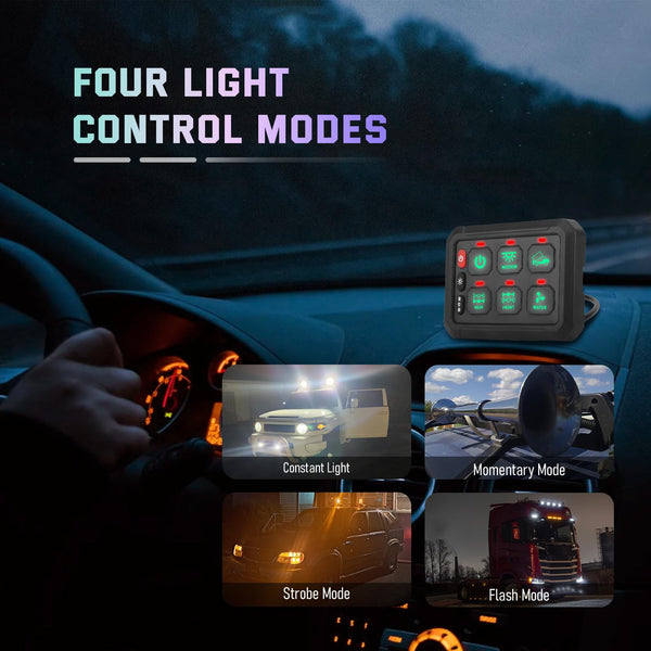 Chelhead 12V/24V Switch Control Panel RGB 6 Gang Dimmable Multi-Function Programmable Switch Panel Acc Battery Control Waterproof, Compatible with Truck Boat SUV RV Trailer Marine ATV UTV