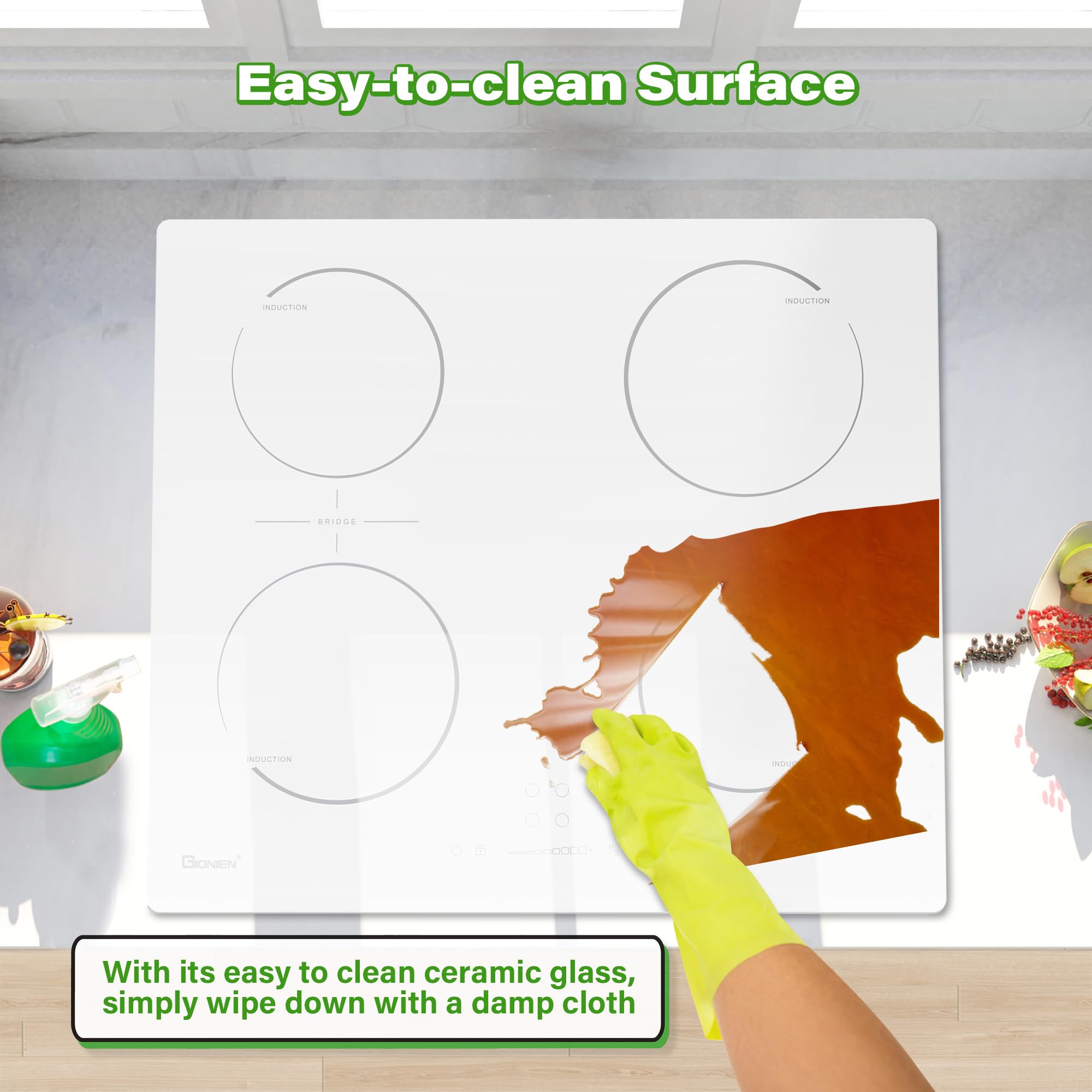 GlONlEN Plug-in Induction Hob White 13 Amp 2800W,59cm Integrated Electric Cooktop with Bridge Zone, 4 Cooking Rings,Built-in Cooker