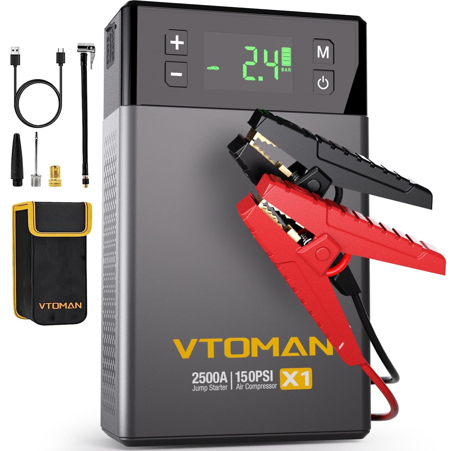 VTOMAN X1 Jump Starter Power pack with Air Compressor 2500A, Portable Car Battery Booster Jump Starter (Up to 8.5L Gas/6.0L Diesel Engines) Jump Pack with 150PSI Digital Tire Inflator