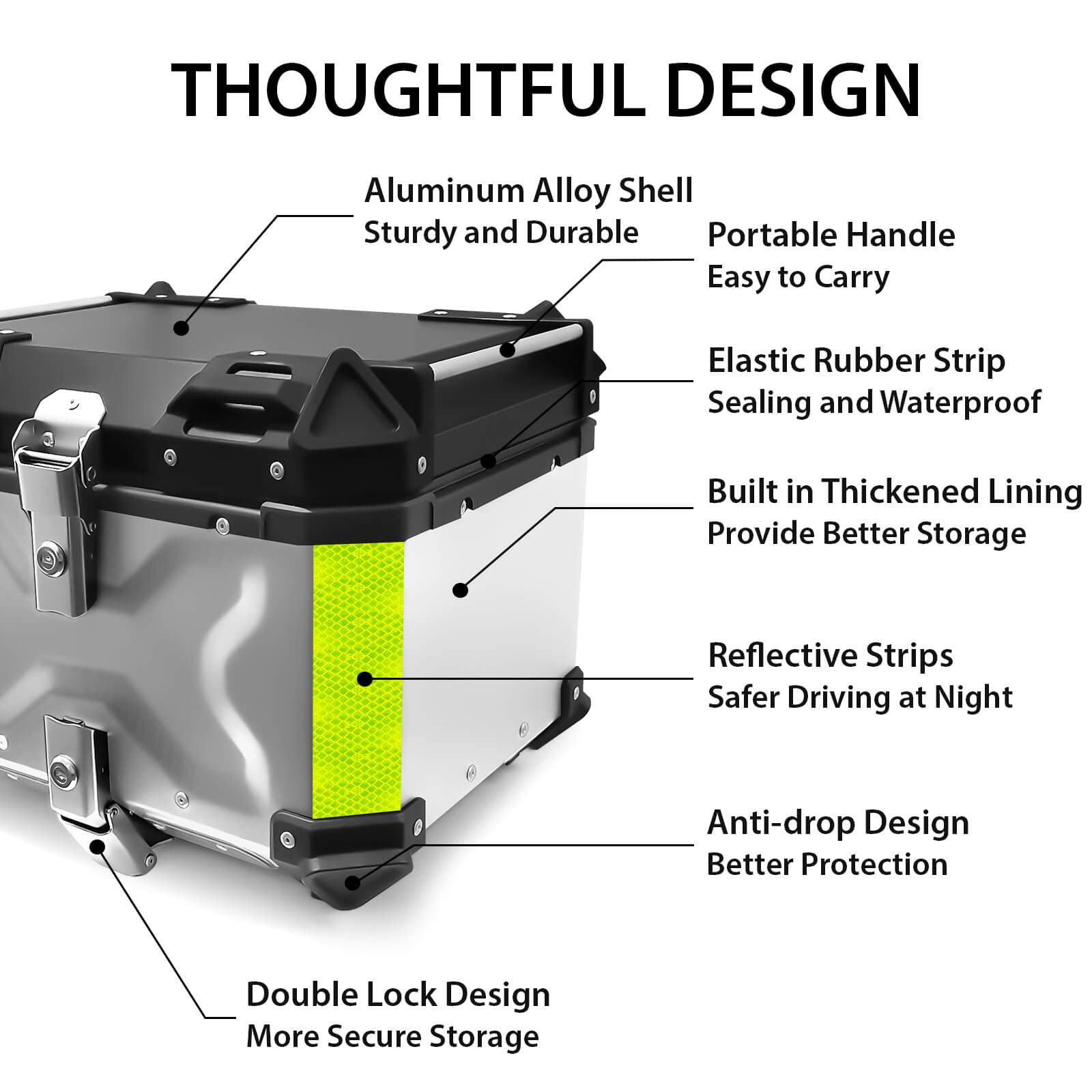VOKKA Motorcycle Top Box, 65L Aluminium Alloy Waterproof Dustproof and Anti-Theft, Luggage Box for Storage Helmet, Motorbike Top Case with Backrest and Baseplate (Silver)