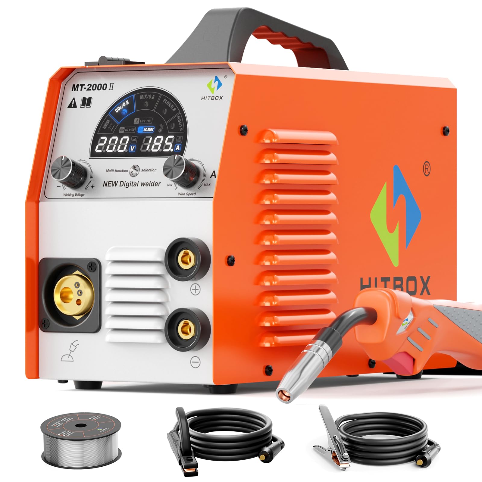HITBOX Gasless MIG Welder 240V 200A, 3-in-1 Synergy Welding Machine MIG/ARC/Lift TIG with LED Display, Flux Core Wire & MIG Torch – IGBT Inverter Portable Welder(HBM200)