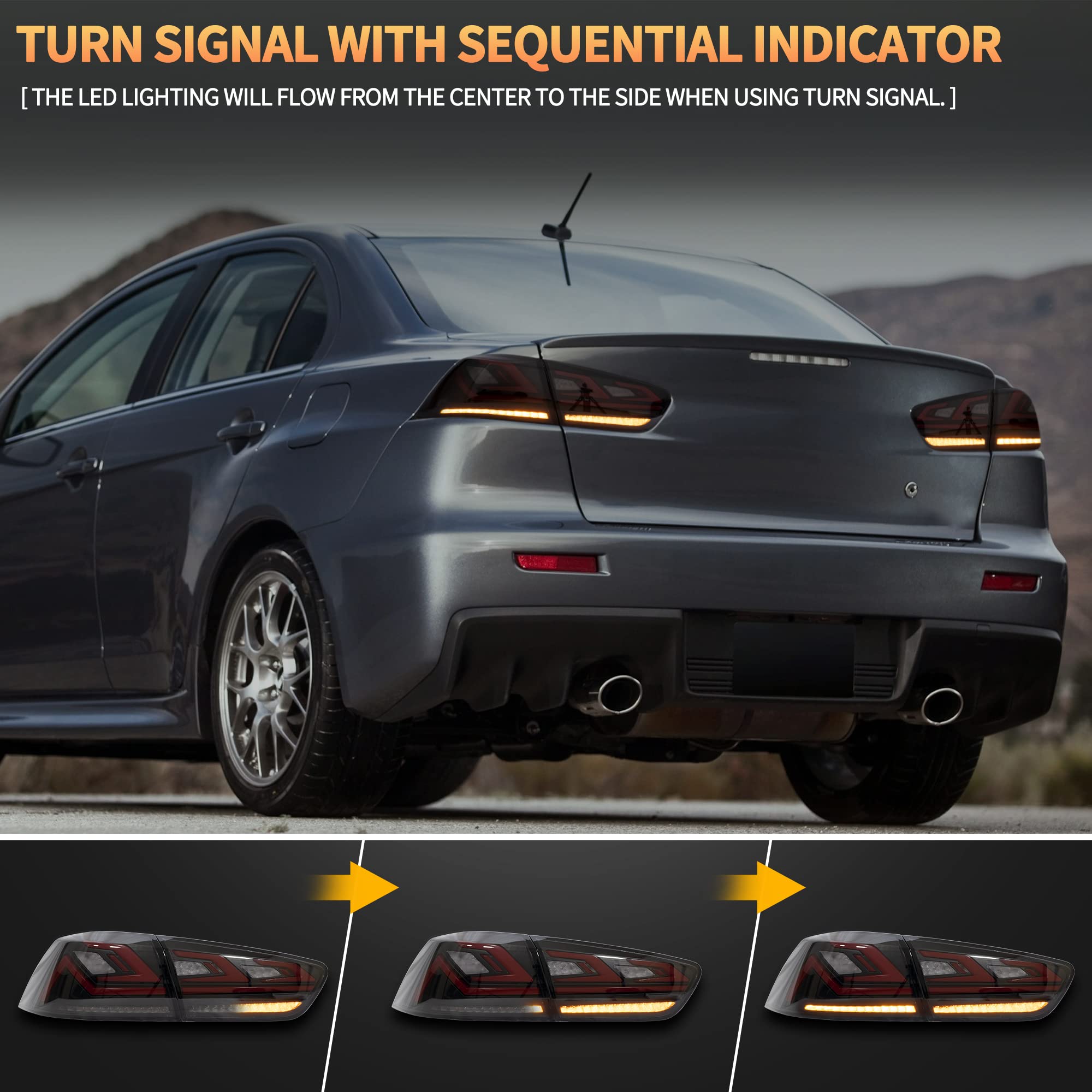 VLAND LED Rear Lights compatible with Lancer & EVO X 2008-2020 (Not Fit fortis/io), w/Sequential indicator, Driver & Passenger Side (Smoked dynamic 2)