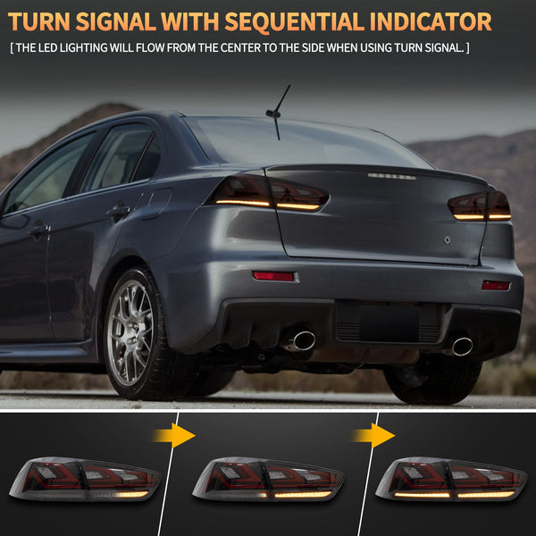 VLAND LED Rear Lights compatible with Lancer & EVO X 2008-2020 (Not Fit fortis/io), w/Sequential indicator, Driver & Passenger Side (Smoked dynamic 2)