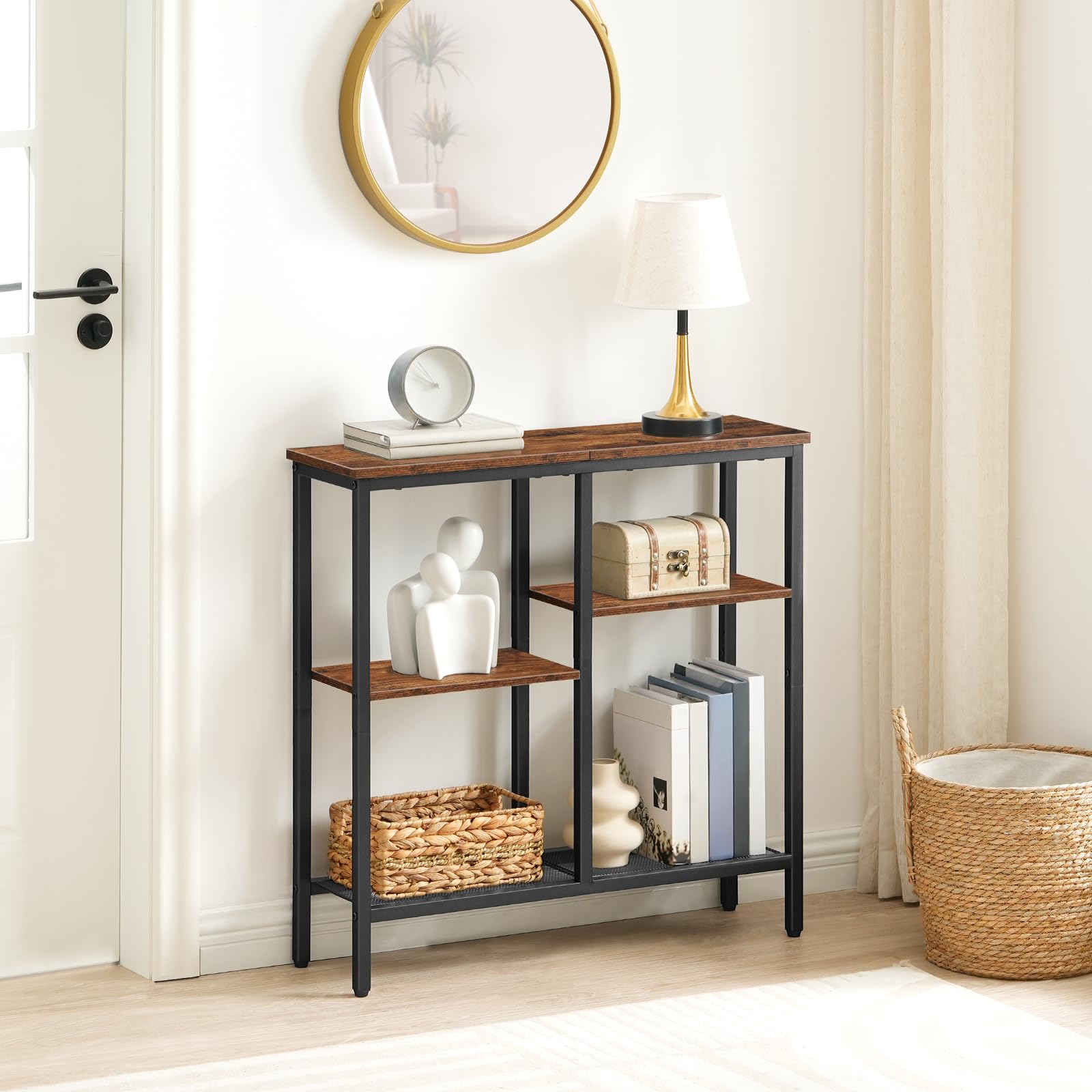 HOOBRO Console Table, Narrow Console Table, Slim Sofa Table with 4-Tier Storage Shelves, Industrial Hallway Table with Metal Mesh Shelf, for Hallway,