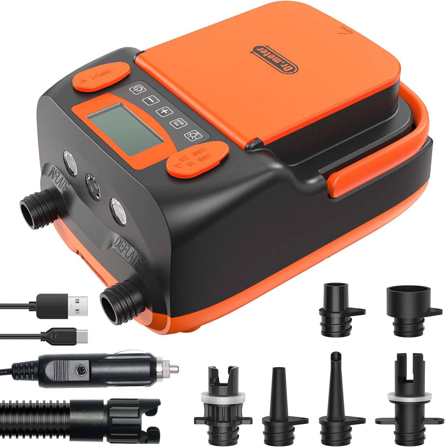 Dr.meter 20PSI Electric SUP Pump, 6000 mAh Rechargeable Paddle Board Pump Dual Stage Auto Off Air Pump with Battery, 2 USB Ports, 6 Nozzles and Storage Bag for SUPs, Kite, Tent, Mattress, Kayaks