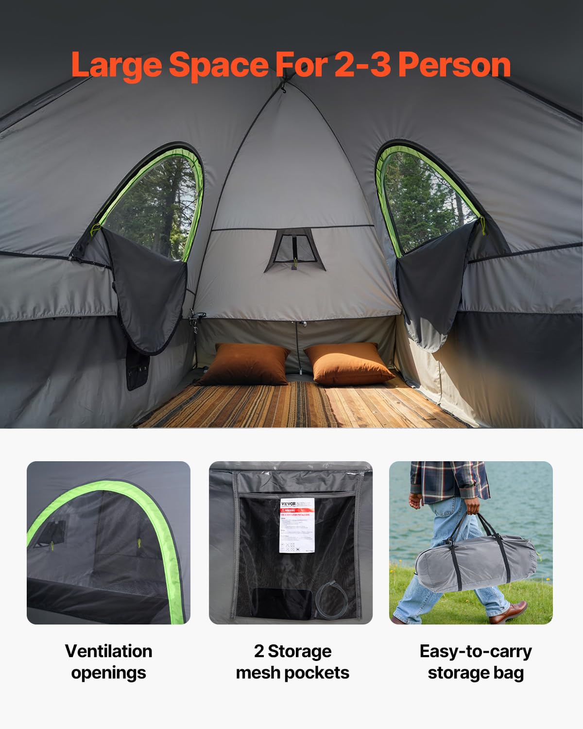 VEVOR Waterproof PU2000mm Spacious Double Layer Design, SUV Camping Tent with Shade Awning and Mesh Windows, Includes Rainfly and Storage Bag