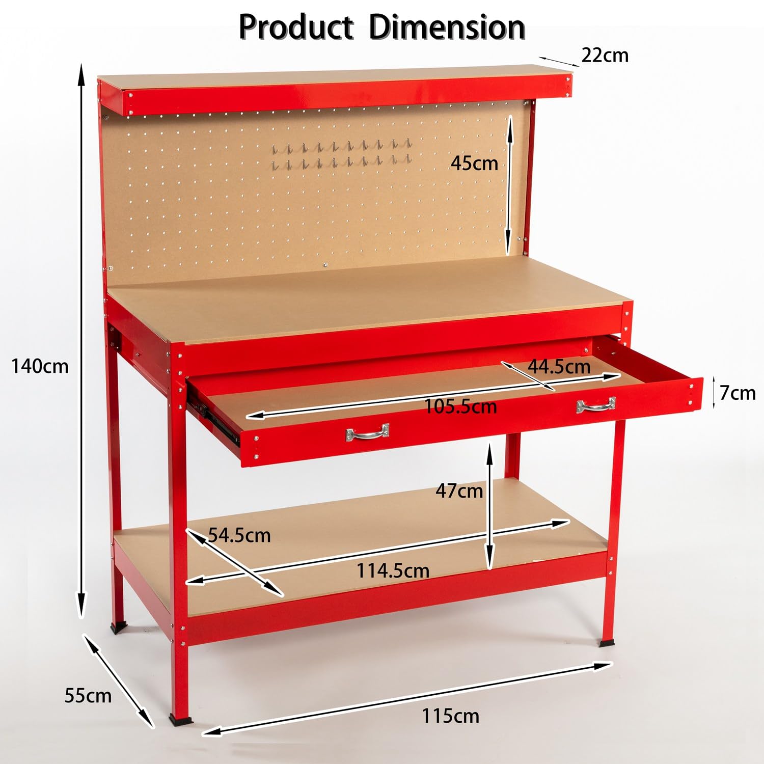 SwitZer New Red Steel Garage Tool Box Toolbox Work Bench Workbench Storage With Drawers Pegboard and 20 Pegs Shelf DIY Workshop Station