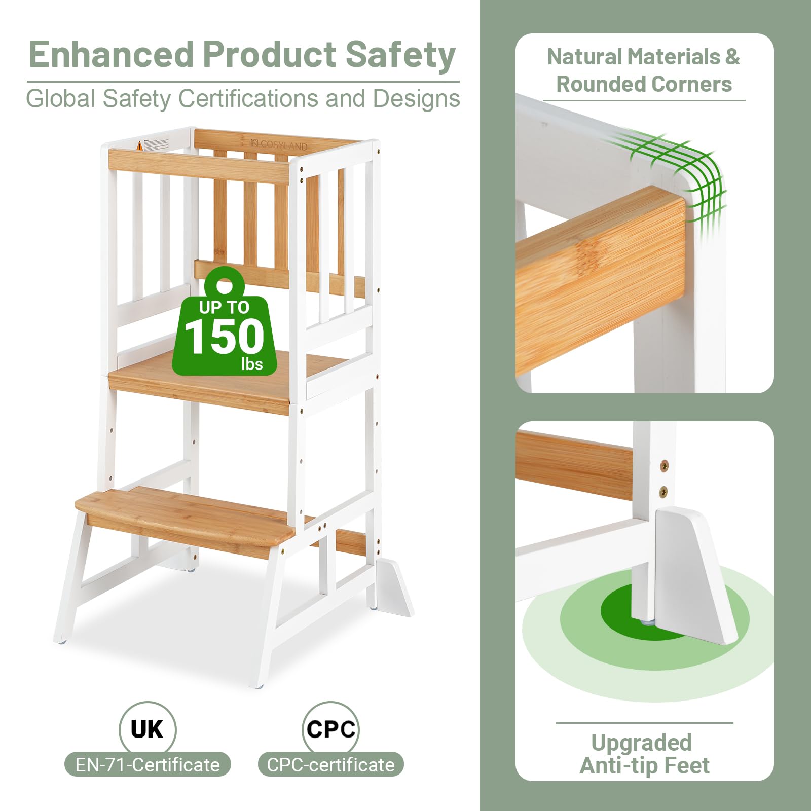 COSYLAND Height Adjustable Kids Kitchen Step Stool with Anti-tip Support Corners - Kids Standing Tower for Kitchen Counter, Bathroom, Nursery (Black)