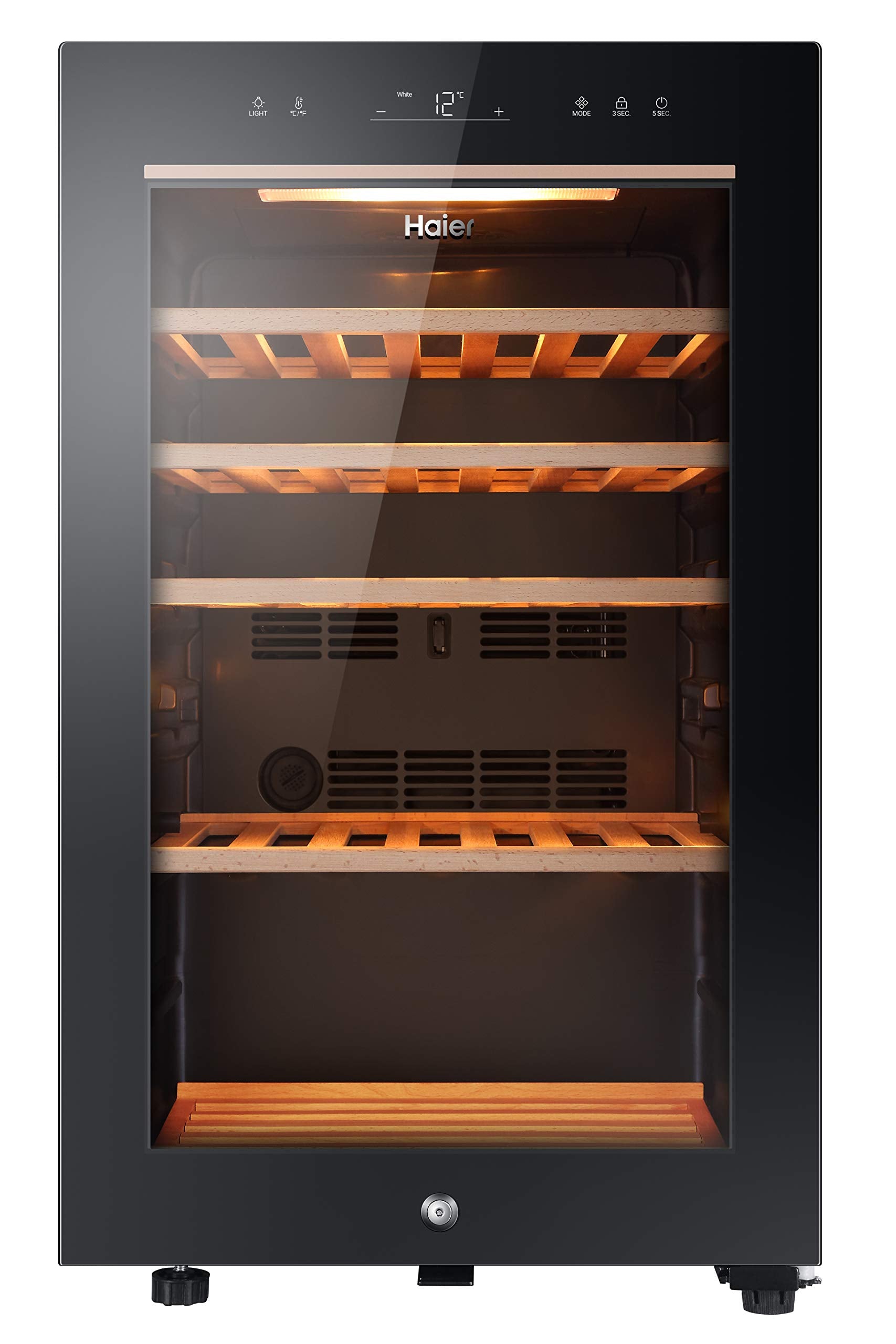 Haier Wine Bank 50 Series 5 Freestanding Wine Cooler, 49 Bottles, Single Zone Temperature, Anti-UV Glass Door, Low Vibration Design, LED Light, hOn App, F Class, Black, 49.7x58.5x82 cm - HWS49GA