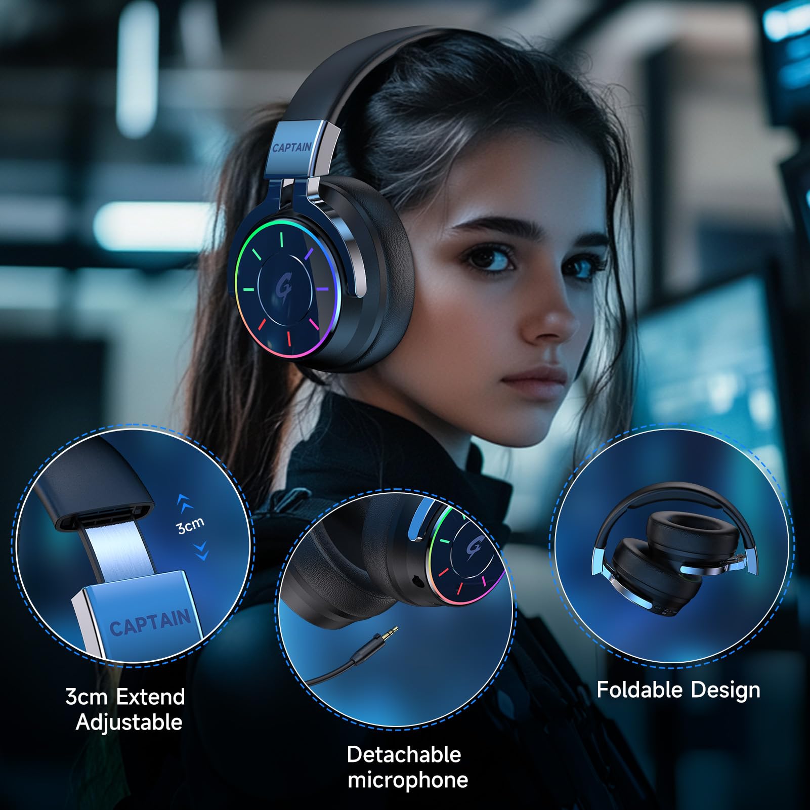 KAPEYDESI 2.4GHz Wireless Gaming Headset for PC/PS5/4/Mac/Switch - RGB Light, 60H Battery, 7.1 Surround Sound, Bluetooth 5.4 Gaming Headphone with Mic, Foldable and Ultra-Light