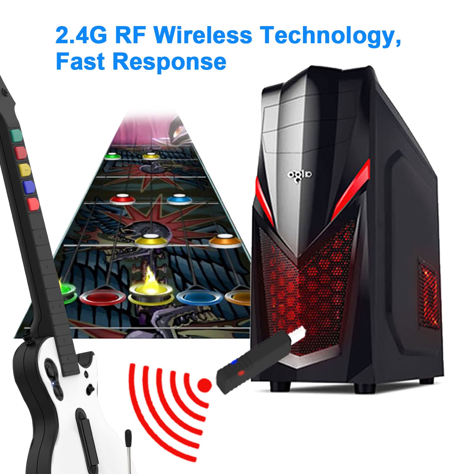 NBCP Wireless Guitar Controller for PC & PS3 - Guitar Hero 3/4/5 & Rock Band 1/2 Games - With Straps & Wireless Dongle, White