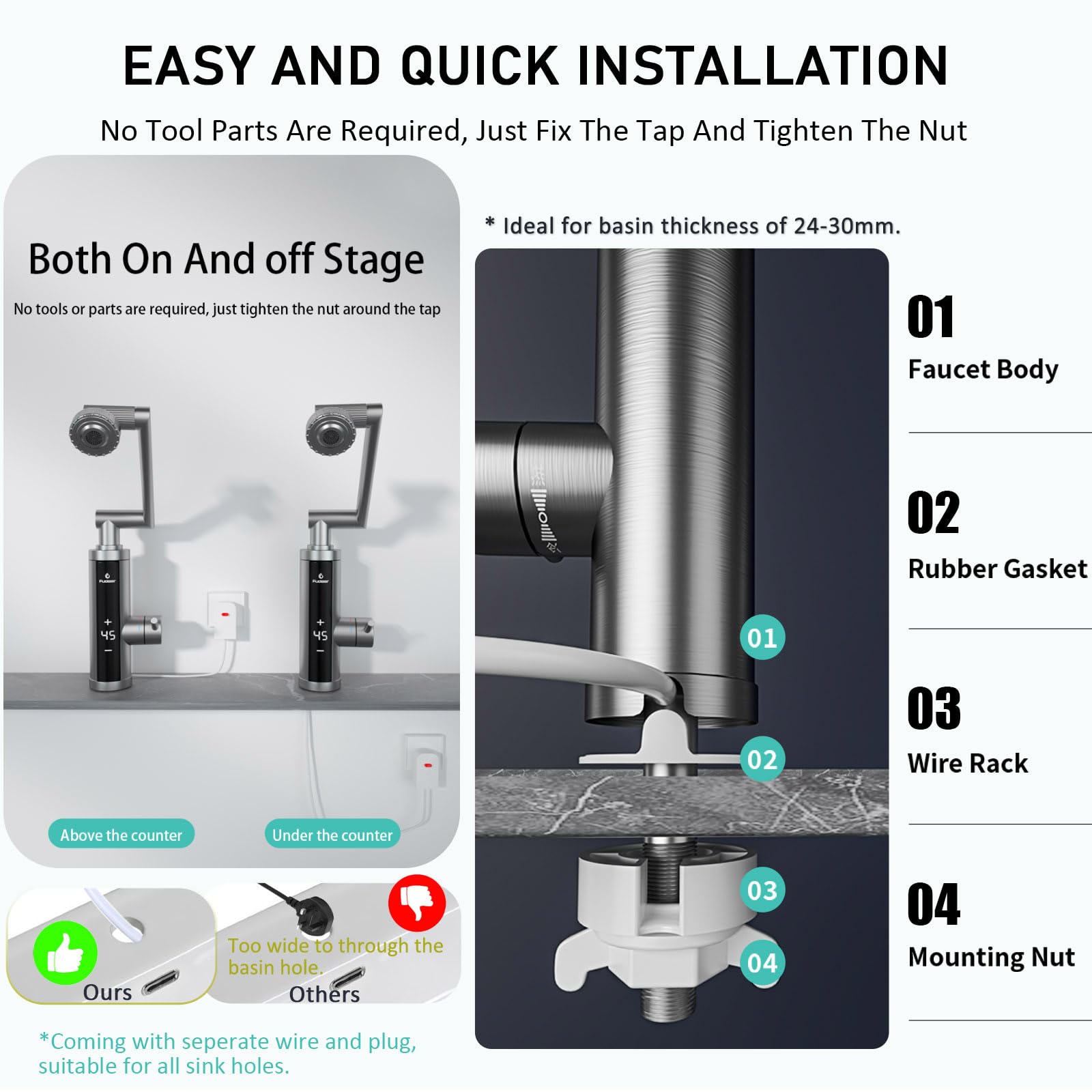 Electric Hot Water Tap for Bathroom, Instant Hot Water Heated Tap for Kitchen, Stainless Steel Water Heater Tap Supply Hot and Cold Water Faucet with Digital Display (Mechanical Spout)