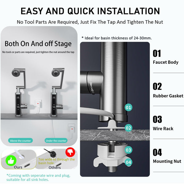 Electric Hot Water Tap for Bathroom, Instant Hot Water Heated Tap for Kitchen, Stainless Steel Water Heater Tap Supply Hot and Cold Water Faucet with Digital Display (Mechanical Spout)