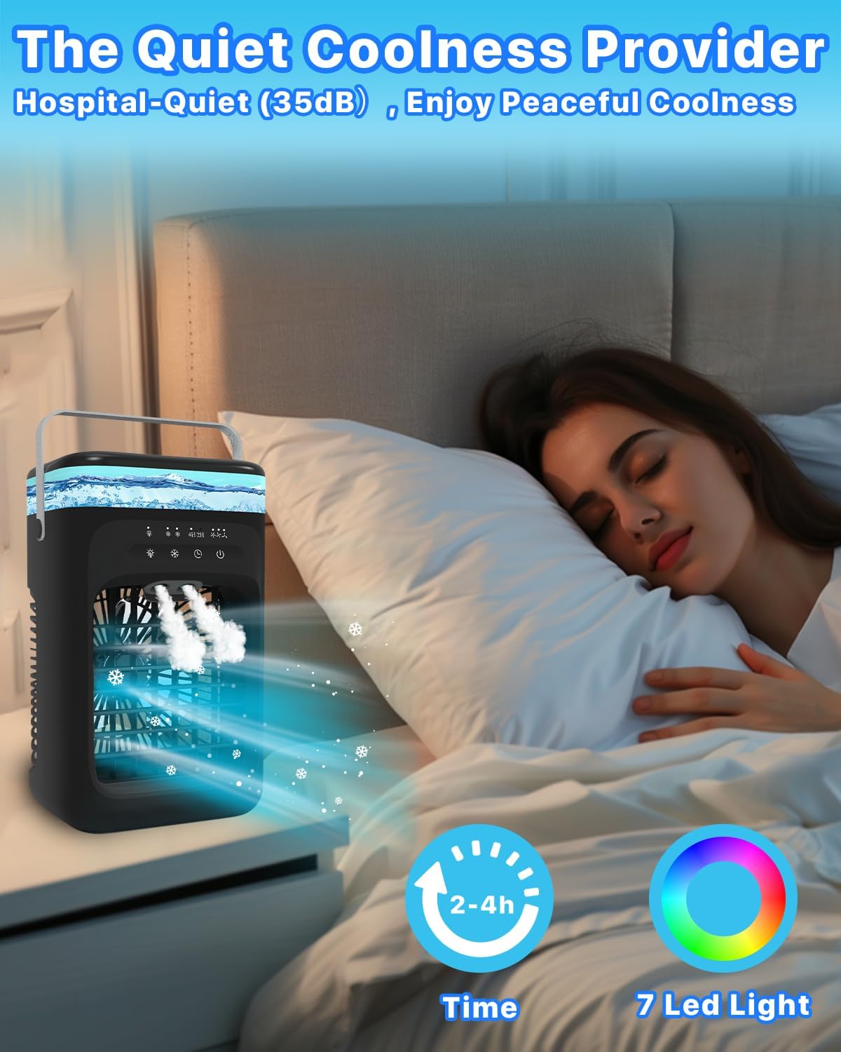 Omeyo Portable Air Cooler, Mini Mobile Air Conditioner, RGB 7 LED Light, Timed function Modes Room Cooler, Air Coolers for Home, Office, Bedroom,Black