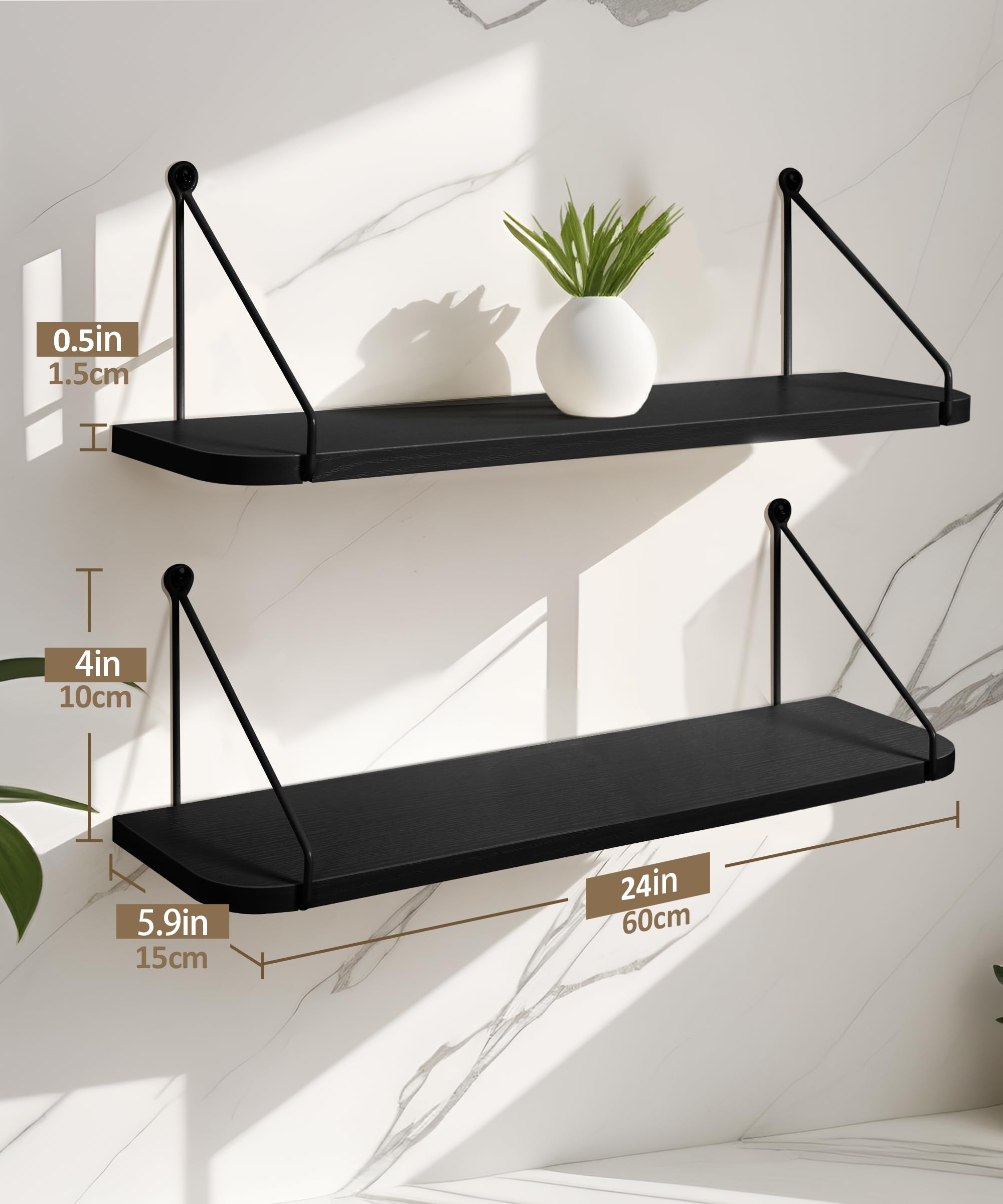 Afuly Black Floating Shelves 24 Inch for Bathroom Bedroom Kitchen Storage Organiser Modern Decorations Accessories Display for Living Room Office Home