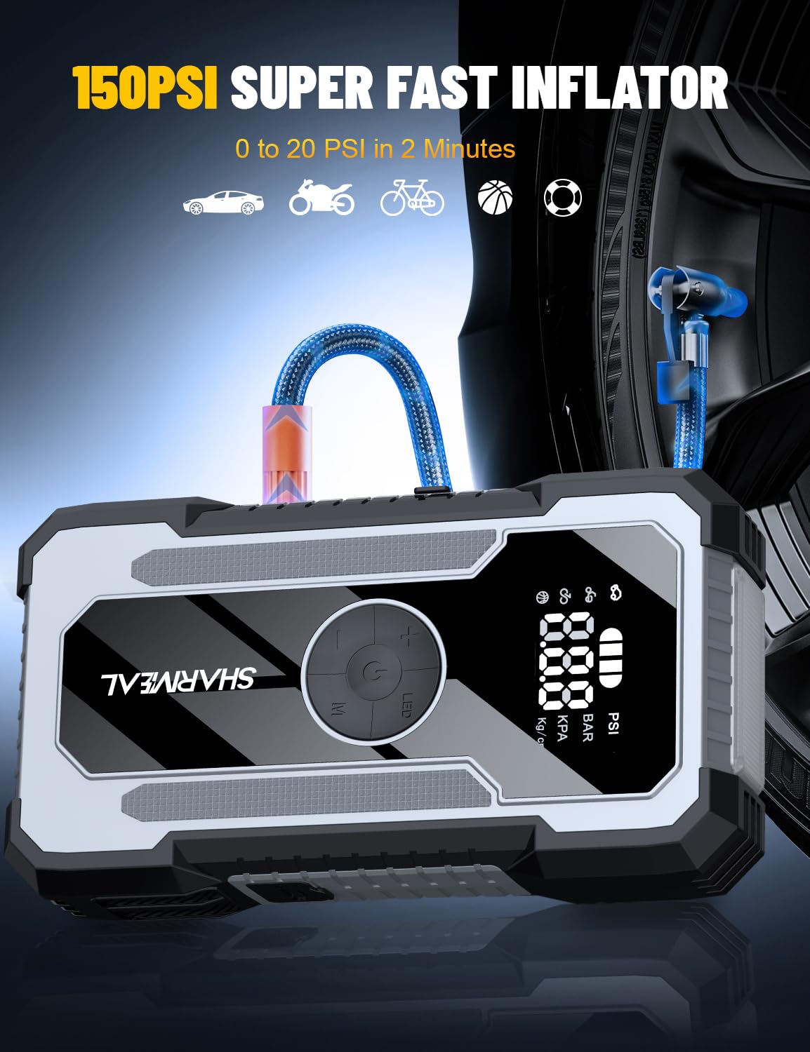 SHARMEAL 6000A Portable Car Battery Booster (all Gas/10L Diesel), Jump Starter Power Pack with 150PSI Air Compressor, 12V Car Jump Starter Power Bank with Jump Leads, LCD Screen, Emergency Light