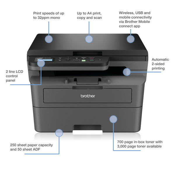 Brother DCP-L2620DW 3-in-1 Mono Laser Printer |Print, copy & scan|Automatic 2-sided print |A4|UK Plug