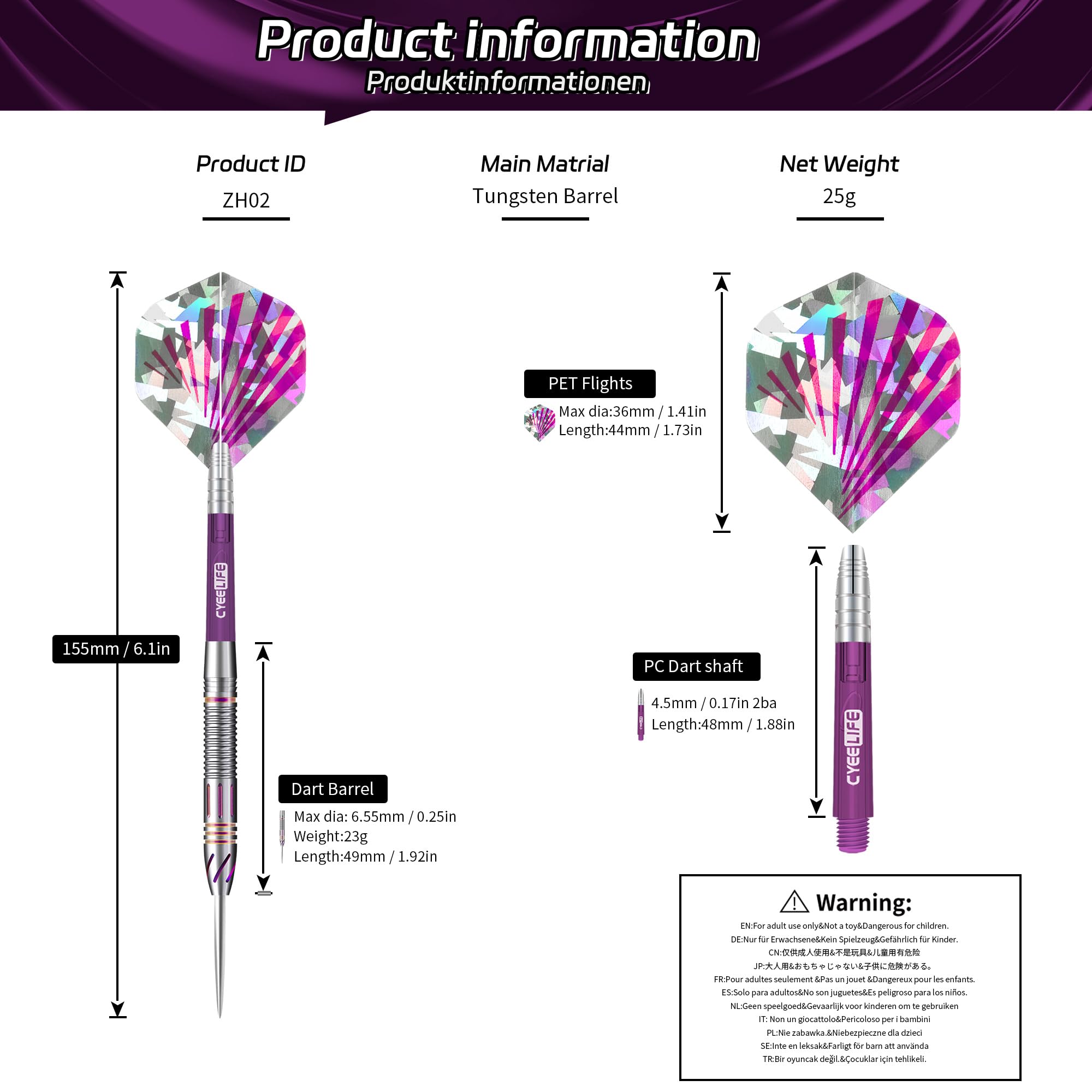 CyeeLife Tungsten Darts 23g Steel Tip,Steel Tip Darts Set with PC Shafts + Tungsten Barrels + Dart Flights + Dart Sharpener,Professional Tungsten Darts Set
