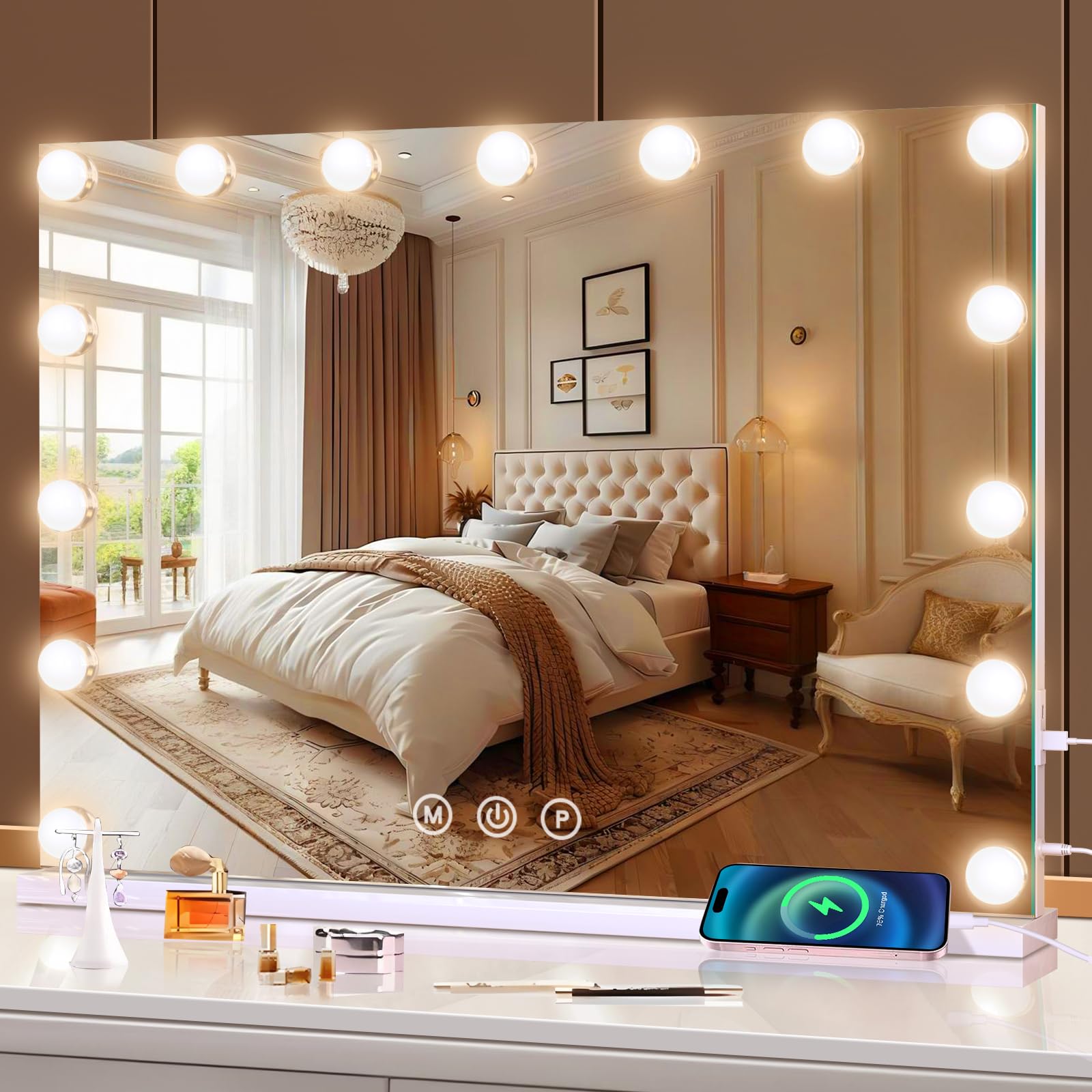 halumao Hollywood Vanity Mirror with Lights, 58 x 46 cm Makeup Mirror with Lights, USB and Type-C Output Ports, 3 Color Modes, Smart Touch Control,
