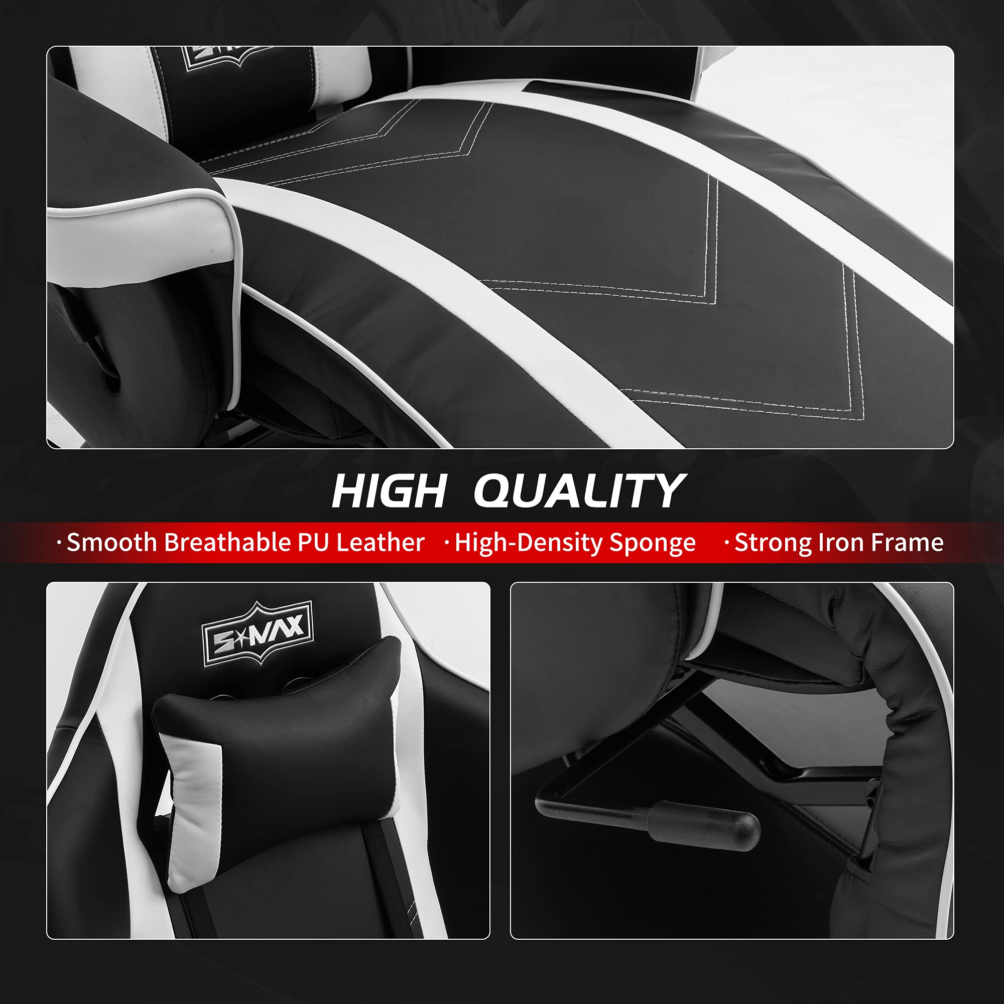 S*MAX Gaming Chair Recliner Height Adjustable Ergonomic Higher Back and Wider Lumbar Support Swivel PU Leather Gaming Chair with Footrest Cup Holder Gamer Chairs for Adults Black X Large