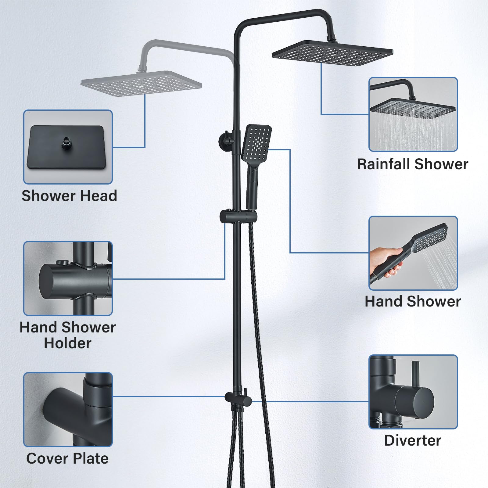 Rozin Shower Riser Rail Kit Adjustable Chrome 2 Functions Square Overhead 29 * 19cm and Hand Shower Stainless Steel Easy Install