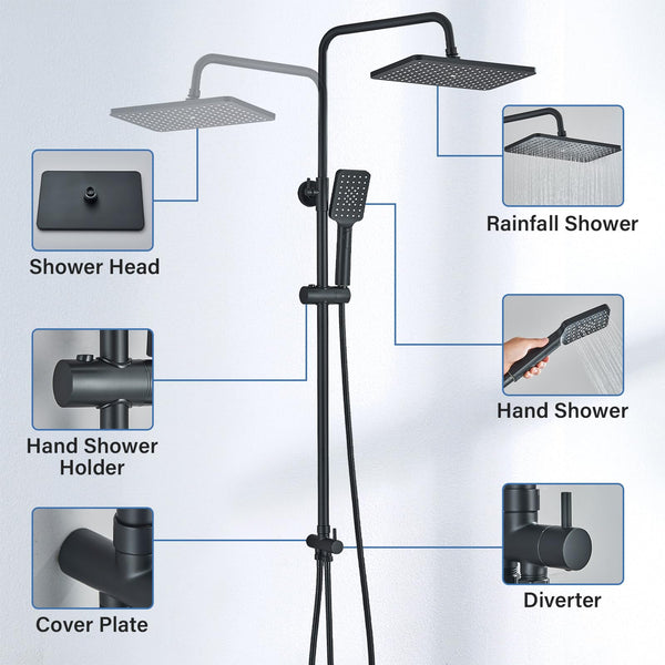 Rozin Shower Riser Rail Kit Adjustable Chrome 2 Functions Square Overhead 29 * 19cm and Hand Shower Stainless Steel Easy Install