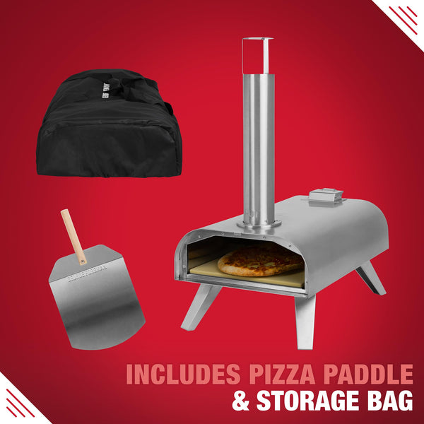 George Foreman Outdoor 12 Inch Wood Pellet Portable Wood Fired Pizza Oven Stainless Steel with Paddle and Carry Bag, BBQ Oven & Smoker, Foldable Legs GFWPPO1SSPC