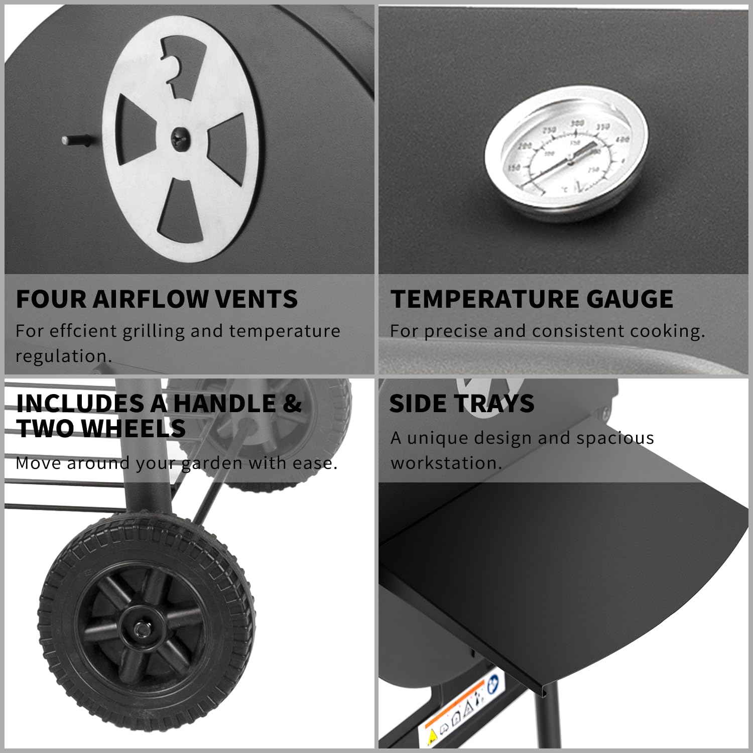 Charcoal BBQ Grill Smoker with Side Shelves, Portable Barrel Barbecue Grill Outdoor with Temperature Gauge, Warming Rack, Stainless Steel Racks, and Air Vents for Camping and Garden