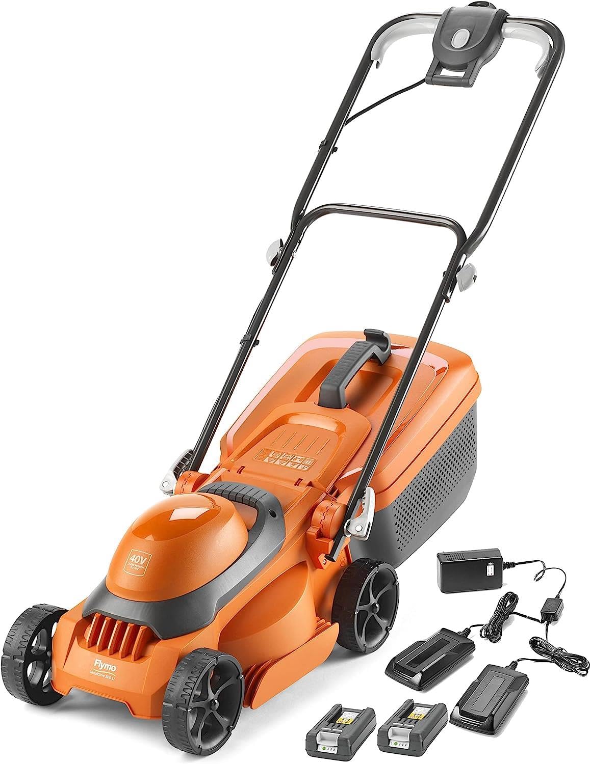 Flymo SimpliStore 300 Li Cordless Lawn Mower - 40V, 30cm Cutting Width, Close Edge Cutting, 30L, Lightweight, Orange and Grey