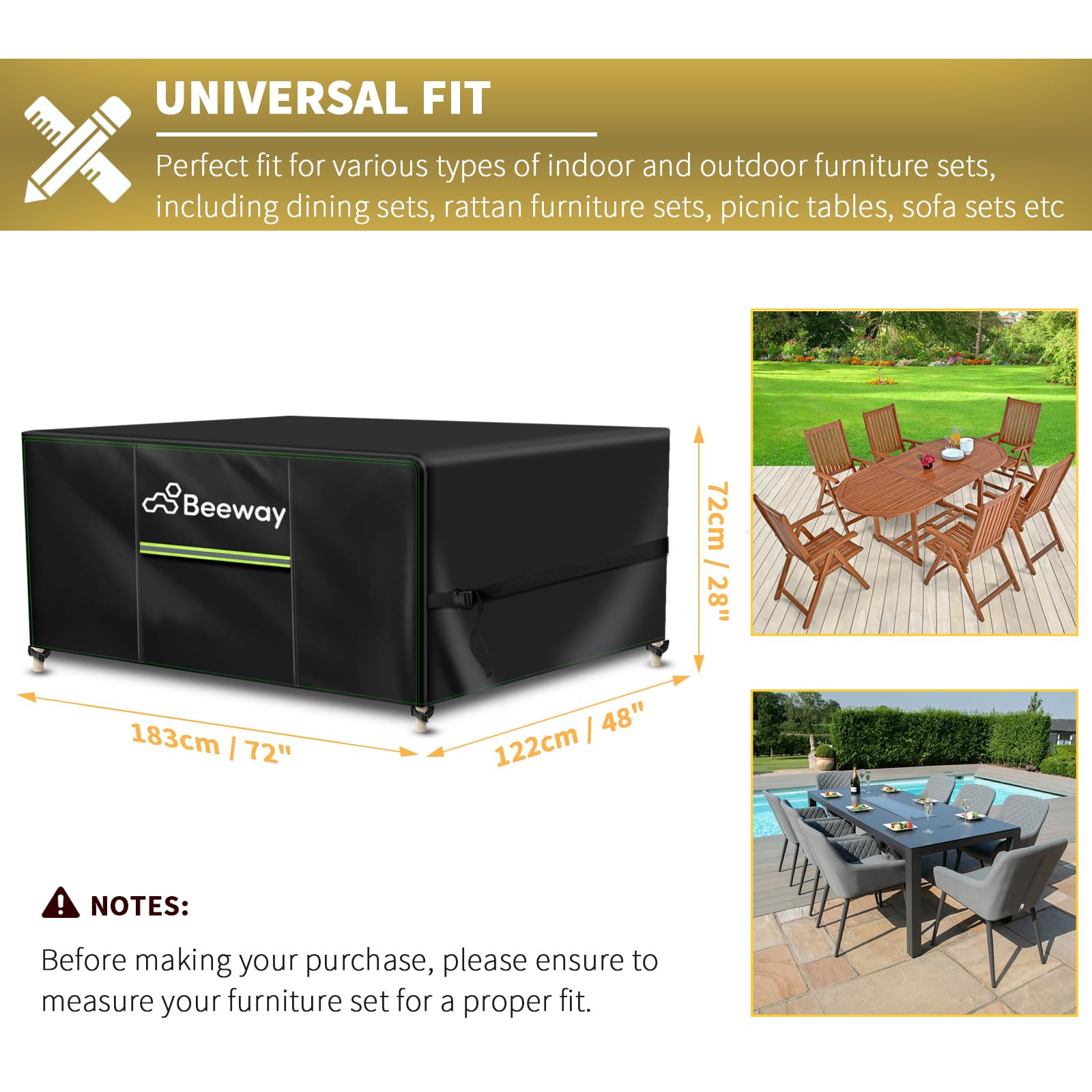 BEEWAY Garden Furniture Cover With Air Vent, Waterproof Patio Rattan Sofa Table Chair Set Cover - 420D Oxford Fabric, Windproof - Rectangular 242 x 182 x 100cm