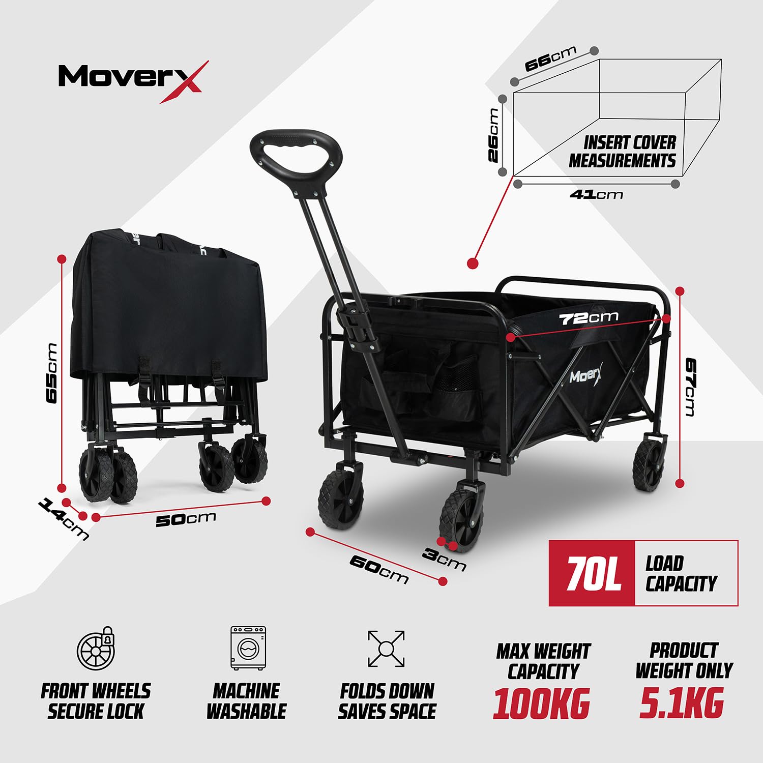 MoverX 70L Festival Trolley on Wheels, Folding Wagon, Portable Camping Cart, Collapsible Foldable Trolly for Beach Outdoor Garden Picnic Shopping