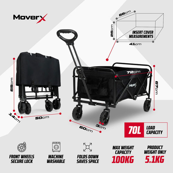MoverX 70L Festival Trolley on Wheels, Folding Wagon, Portable Camping Cart, Collapsible Foldable Trolly for Beach Outdoor Garden Picnic Shopping