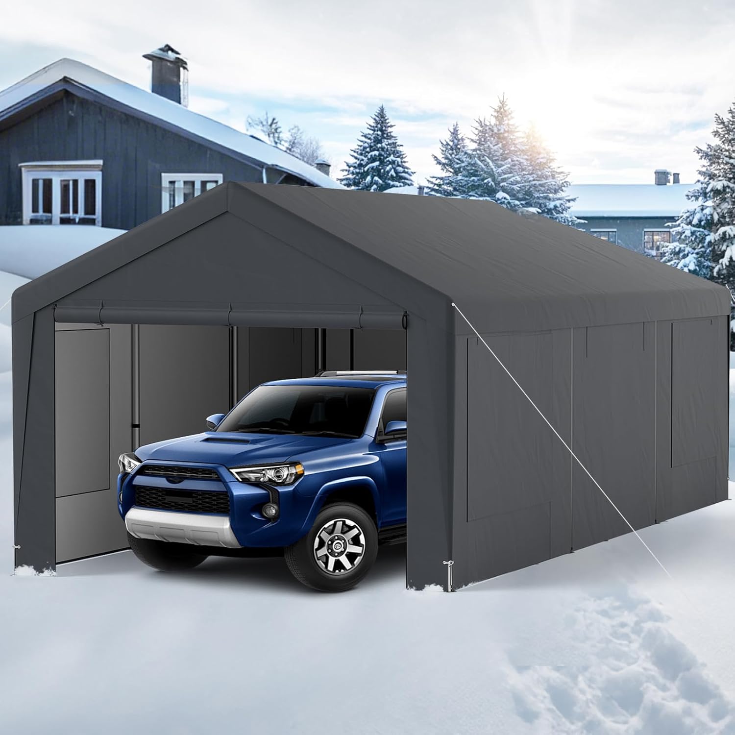 COSTWAY 3mx6m Carport, Heavy Duty Galvanized Car Canopy with 8 Removable Sidewalls & Adjustable Tarp, UV Resistant Waterproof Garage Boat Shelter Party Tent for Outdoor Garden