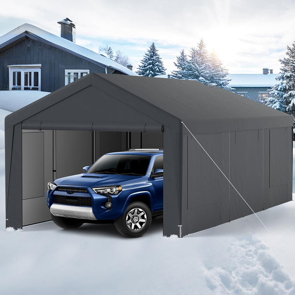 COSTWAY 3mx6m Carport, Heavy Duty Galvanized Car Canopy with 8 Removable Sidewalls & Adjustable Tarp, UV Resistant Waterproof Garage Boat Shelter Party Tent for Outdoor Garden