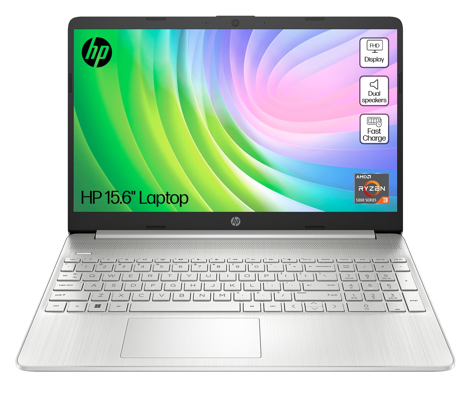 HP 15.6" Laptop | AMD Ryzen 3 7320U Processor | 8 GB RAM | 256 GB SSD | AMD Radeon Graphics | FHD Display | Up to 11hrs 15 mins battery | Win 11 | Dual Speakers | Jet Black | 15-fc0038sa