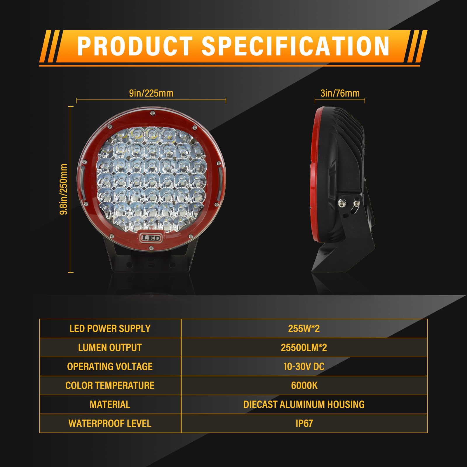 RIGIDON 2 Pcs Black Case Round Led Work Light, 9 inch 294W Spot Beam, 12V 24V Driving Lights Lamp Headlight for Car Off road Boat Truck 4x4 SUV ATV Tractors Excavator, 6000K White, Fog Lamp
