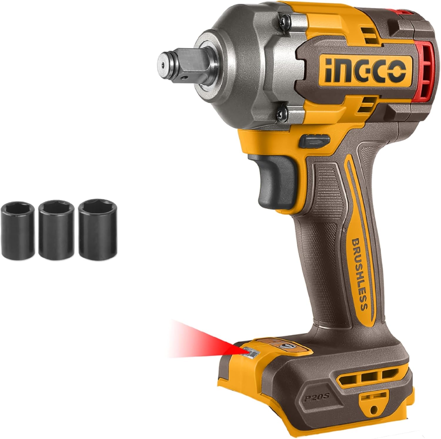 Ingco Cordless Impact Wrench 400NM (Body Only) 1/2 Inch 20V Brushless Electric Impact Gun with 3Pcs Sockets (17/19/21mm) CIWLI20401