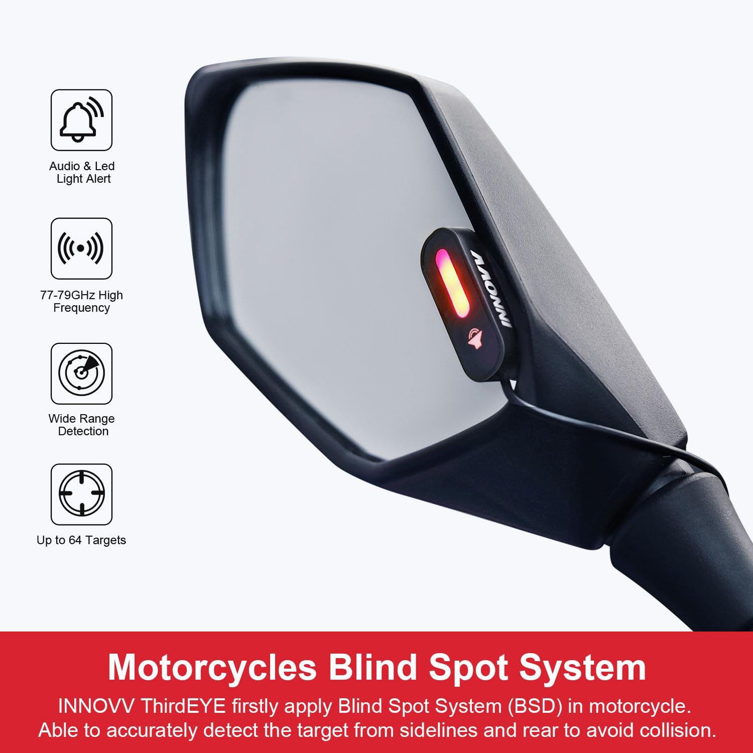 INNOVV ThirdEYE Motorcycle Blind Spot System with Voice and Indicators Alert, Waterproof Moto Assistant System, Detect Hazards from Side & Rear Line for Motorcycle/Bicycle/E-Bike(Mirror Version)