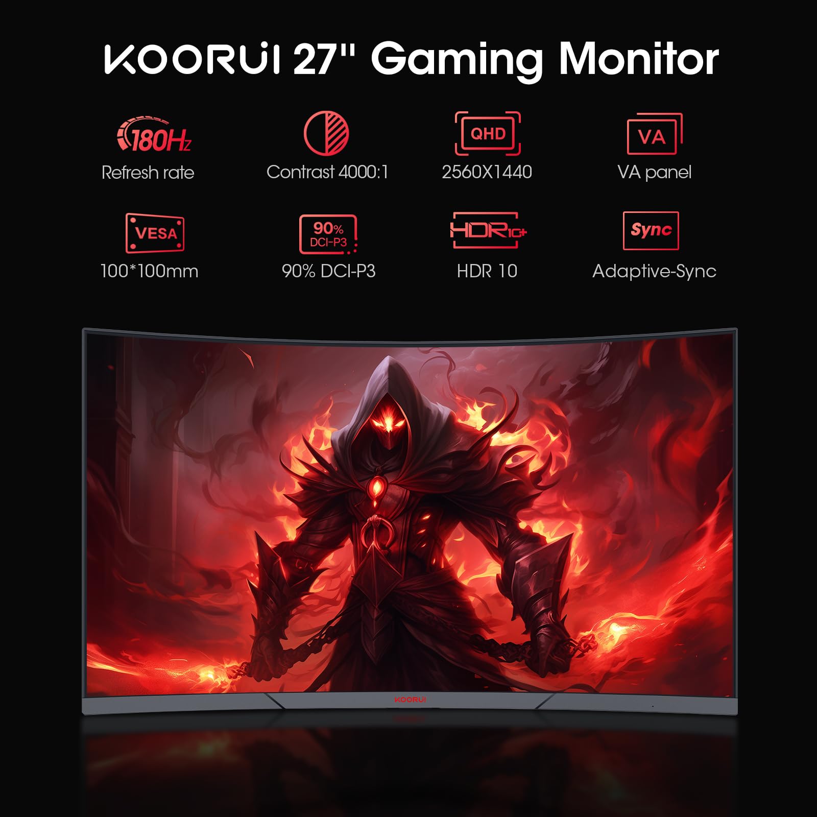 KOORUI 34 Inch Ultrawide Curved Gaming Monitor, 165Hz, WQHD 1440P, 1000R, MPRT 1MS, HDR 400, 2x HDMI 2.0, 1x DisplayPort 1.4, AdaptiveSync, Tilt/Height Adjustable, Black