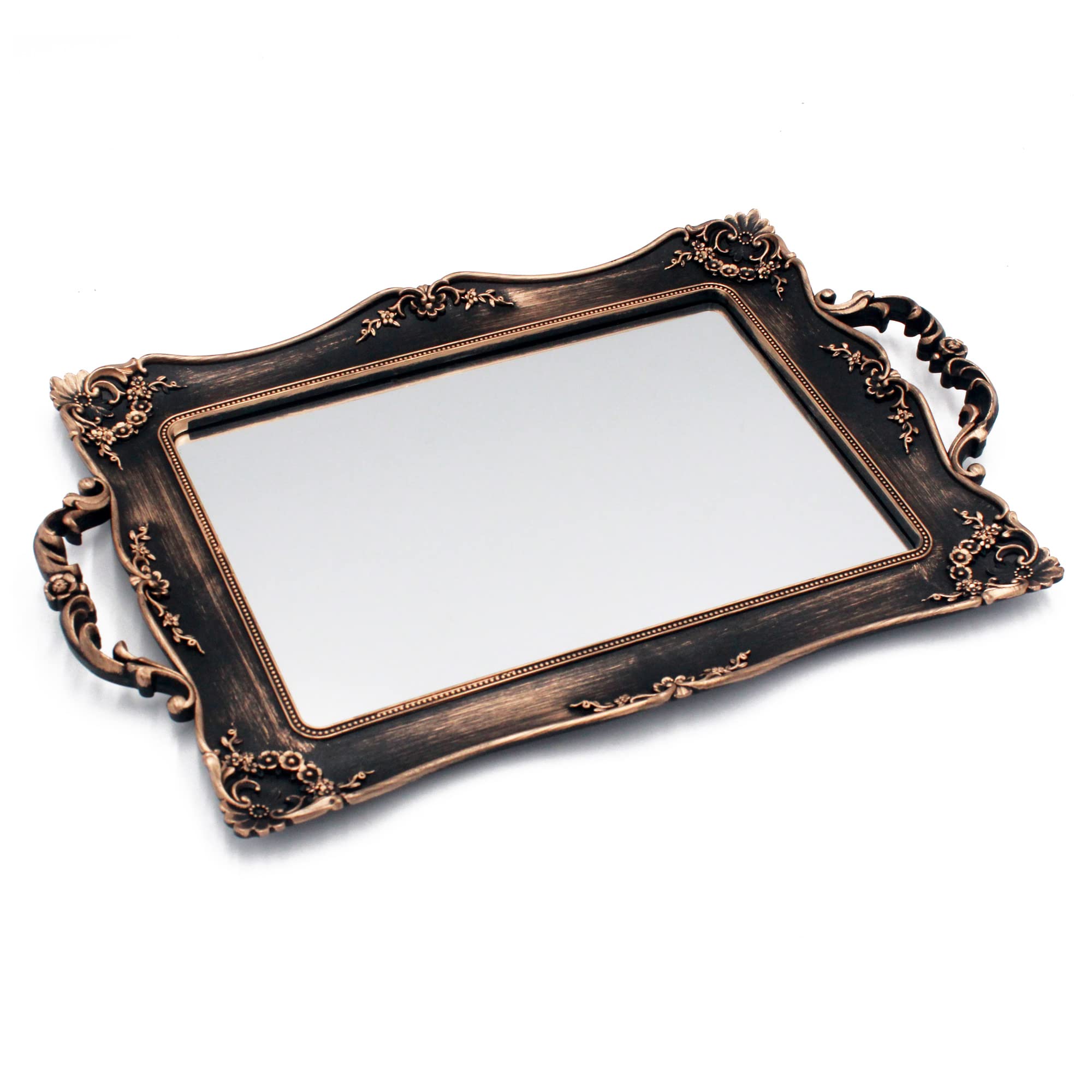 Tstarer Antique Decorative Gold Framed Square Mirror Tray, Jewelry & Cosmetics Organizer for Dresser, Square - 9.5" W x 14.5" L (Bronze)