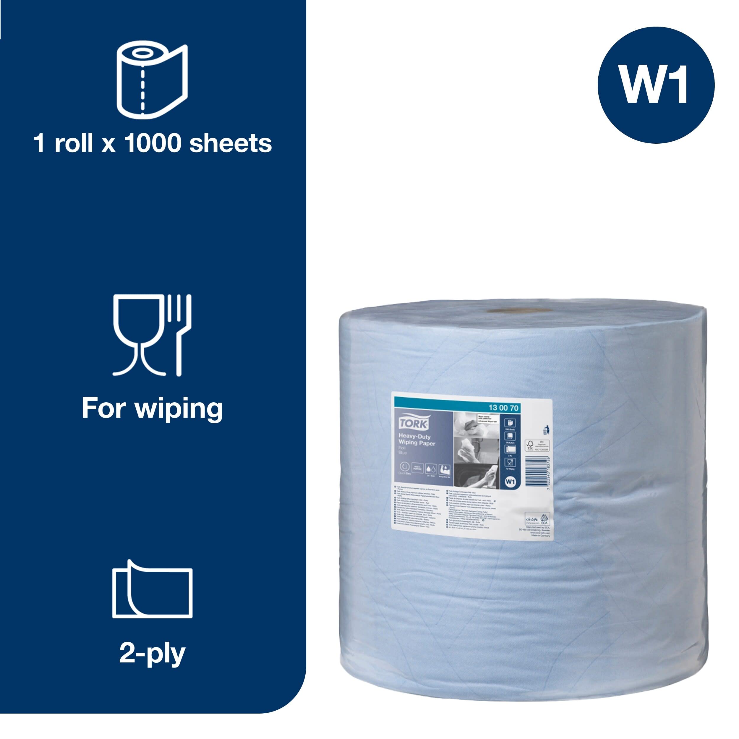 Tork 130070 Heavy-Duty Wiping Paper / 2 Ply Absorbent Paper Roll Suitable for Tork W1 Wipers Wall/Floor/Standard System / Blue / 1 x 340m / Ø 37.5cm
