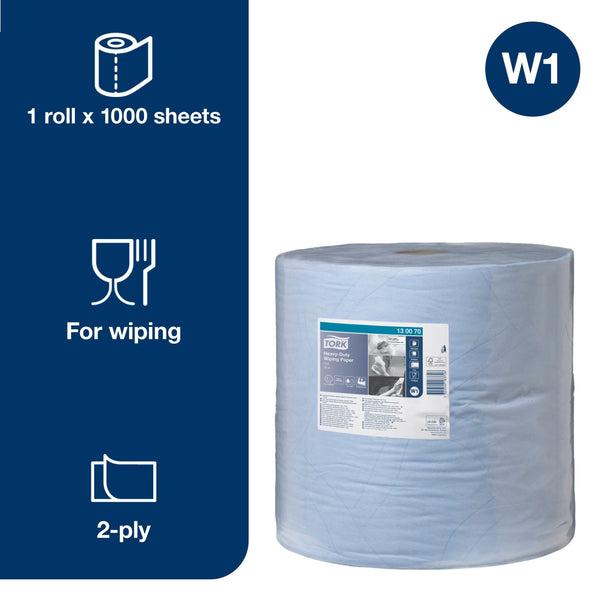 Tork 130070 Heavy-Duty Wiping Paper / 2 Ply Absorbent Paper Roll Suitable for Tork W1 Wipers Wall/Floor/Standard System / Blue / 1 x 340m / Ø 37.5cm